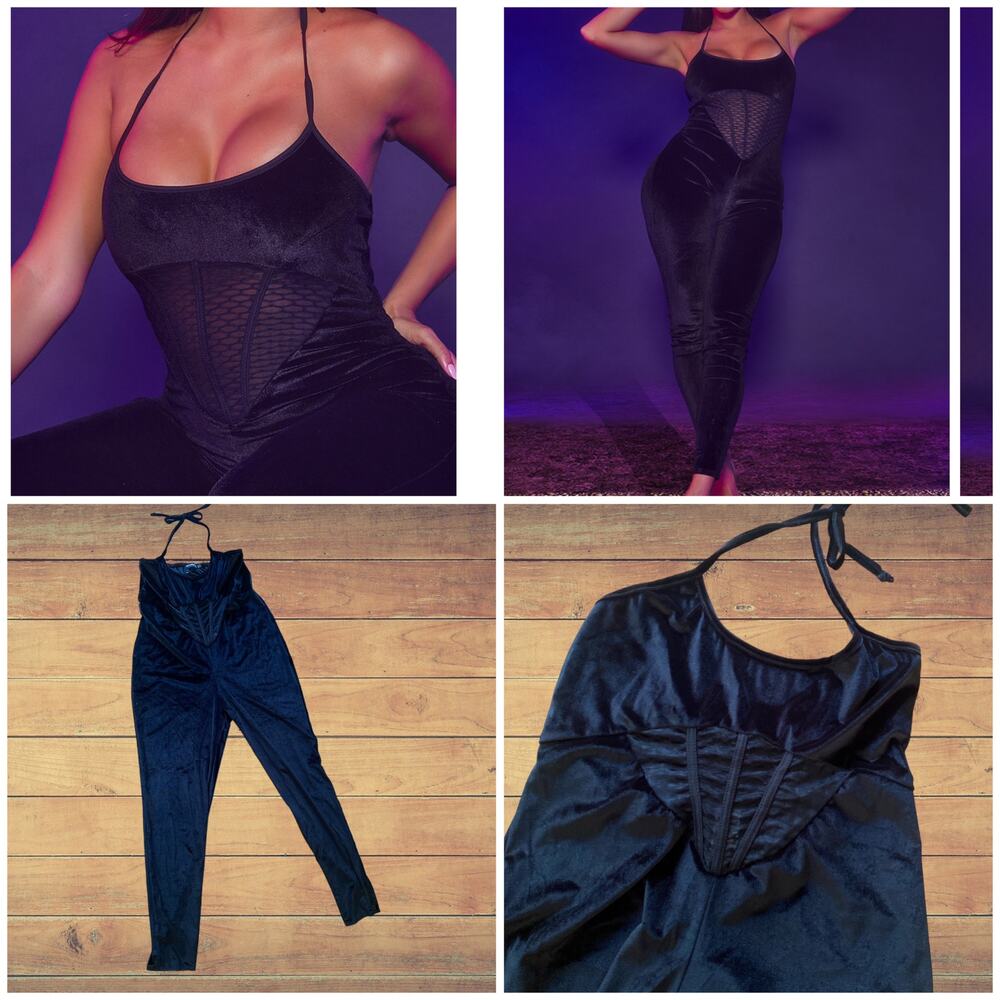 NEW PrettyLittleThing Shape Black Velvet Corset Detail Halterneck Bodysuit